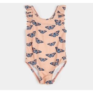 Petit Lem Girls Butterfly Print Ruffle One Piece Swimsuit UPF 50+ Peach 18-24M